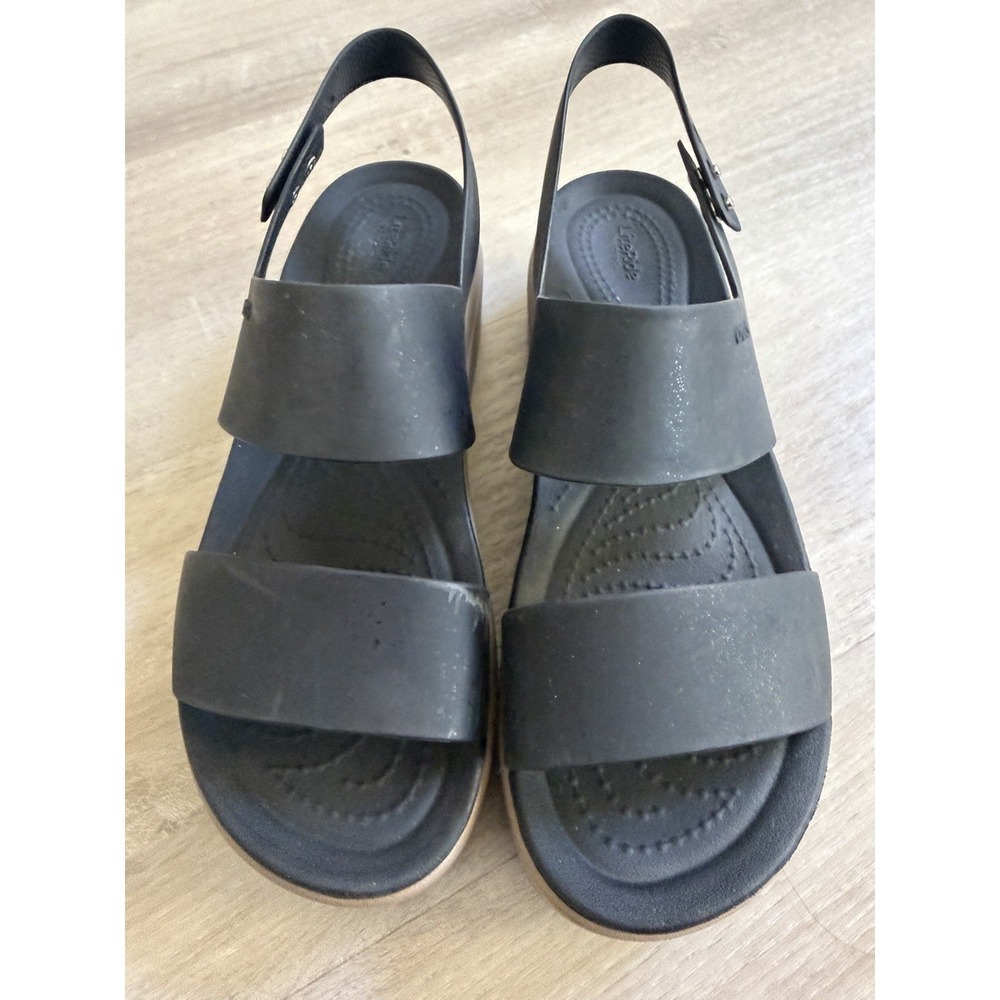 Crocs Brooklyn Sandals 8 Black Tan Comfort Platform Chunky Wedge Slingback - Picture 2 of 10